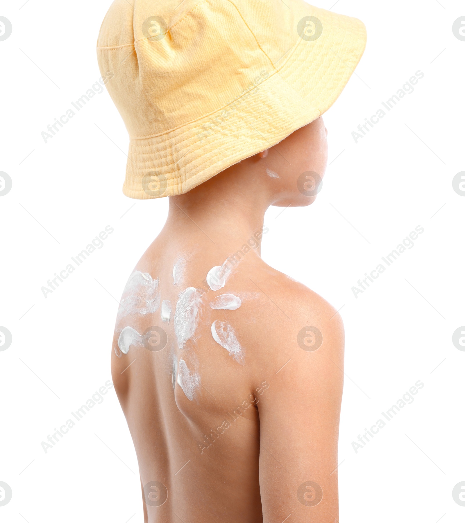 Little boy with sun protection cream on his skin against white background, back view Photo of Little boy with sun protection cream on his skin against white background, back view