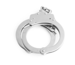 Photo of Handcuffs on white background, above view. Police equipment
