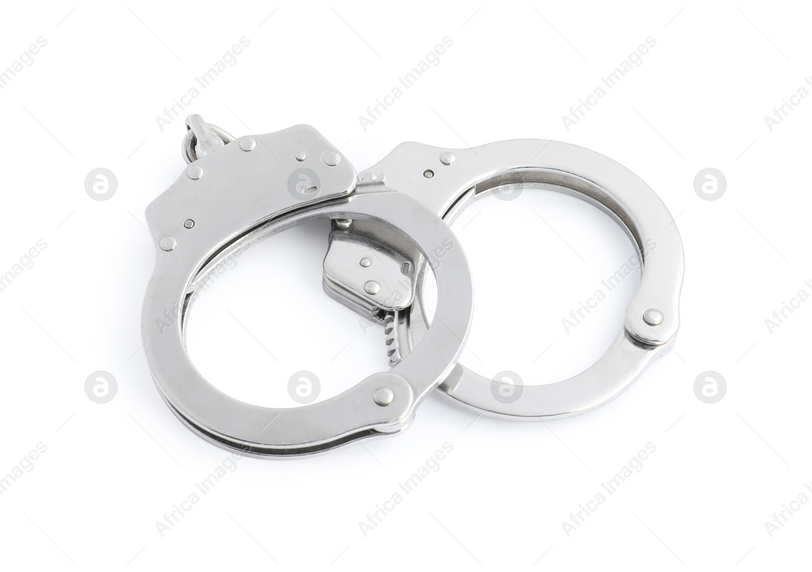Photo of Handcuffs on white background, above view. Police equipment