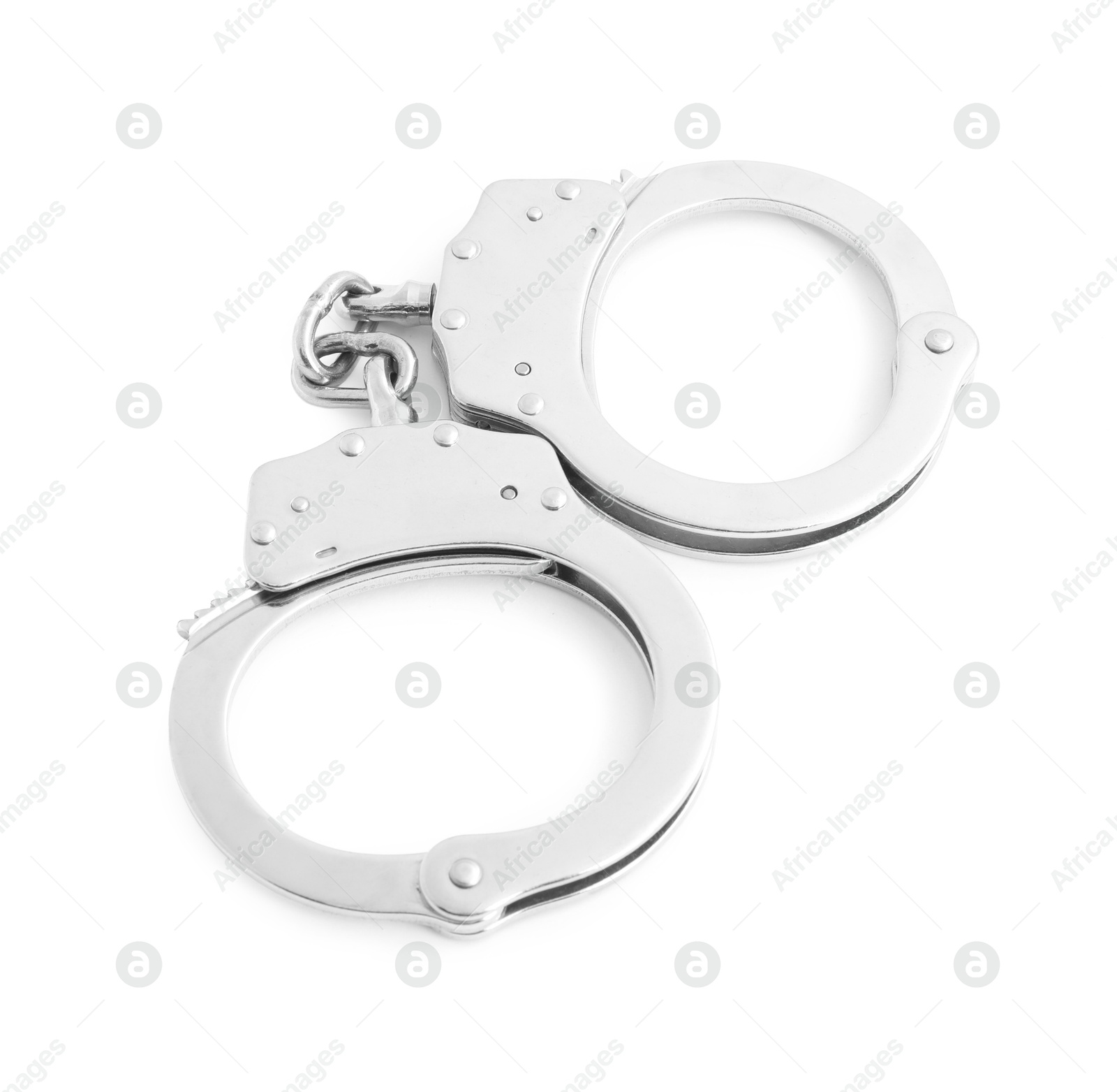 Photo of Handcuffs on white background, above view. Police equipment