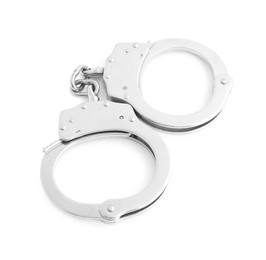 Photo of Handcuffs on white background, above view. Police equipment