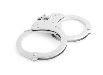 Photo of Metal chain Handcuffs on white background. Police equipment