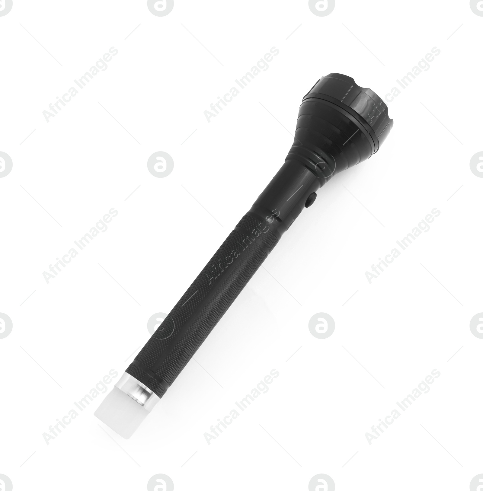 One flashlight on white background, top view. Police equipment Photo of One flashlight on white background, top view. Police equipment