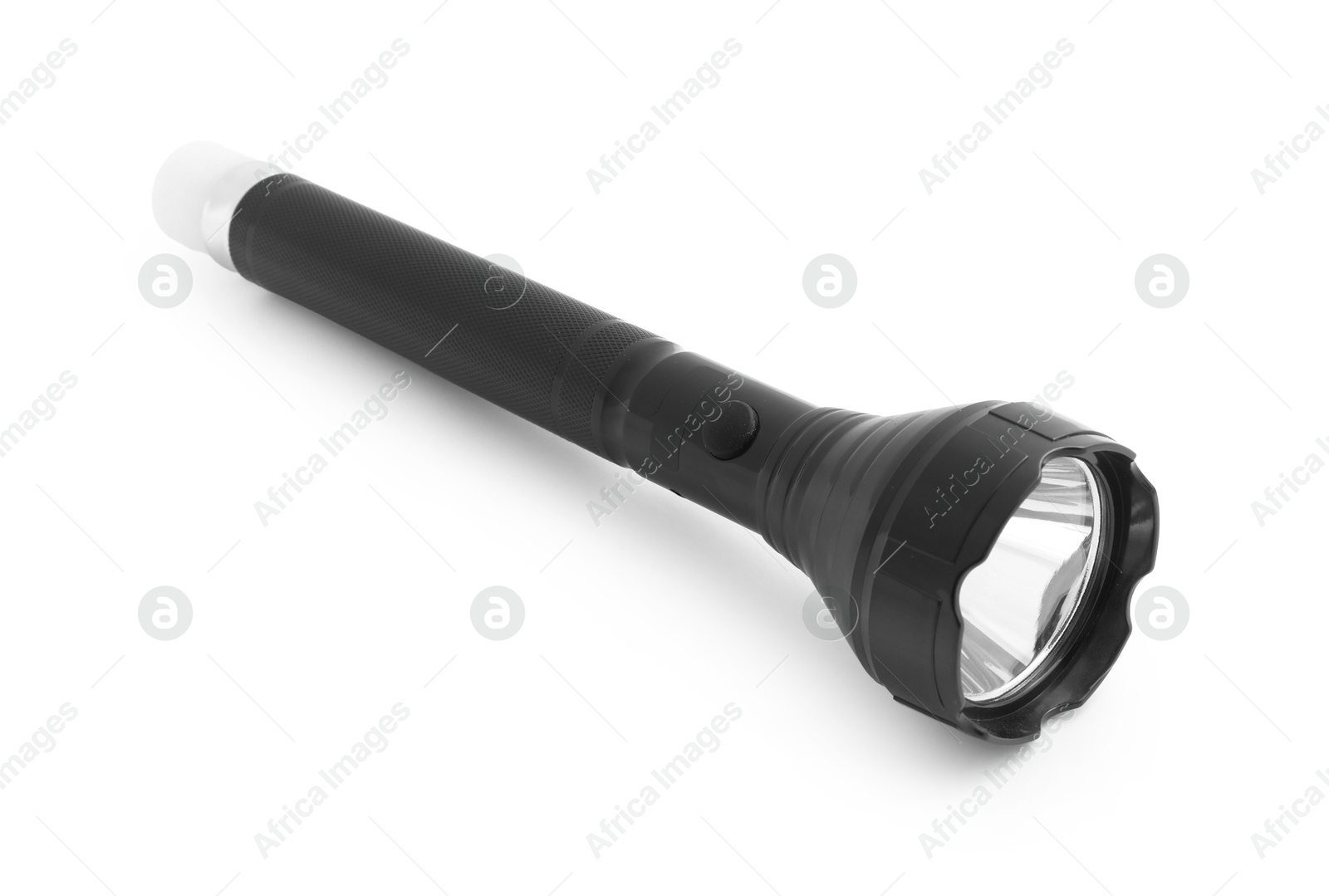 One flashlight on white background. Police equipment Photo of One flashlight on white background. Police equipment