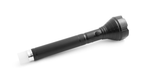 Photo of One flashlight on white background. Police equipment