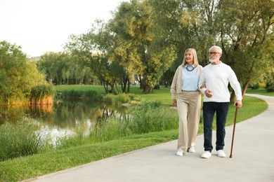 Photo of Lovely senior couple walking together near lake in park, space for text