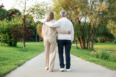 Photo of Lovely senior couple walking together in park, back view