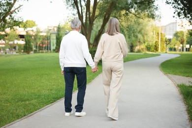 Photo of Lovely senior couple walking together in park, back view