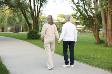 Photo of Lovely senior couple walking together in park, back view