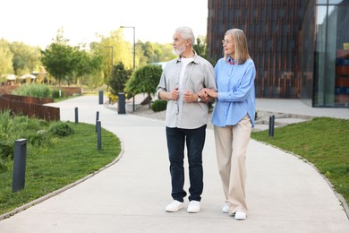 Photo of Lovely senior couple walking together in park, space for text