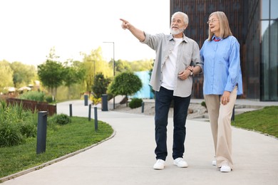 Photo of Lovely senior couple walking together in park, space for text