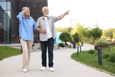 Photo of Lovely senior couple walking together in park, space for text