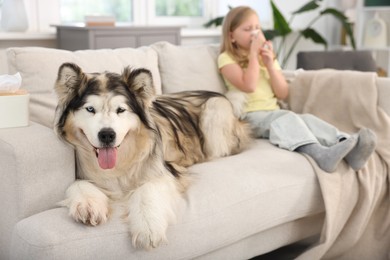 Photo of Girl suffering from allergy with her dog at home, selective focus