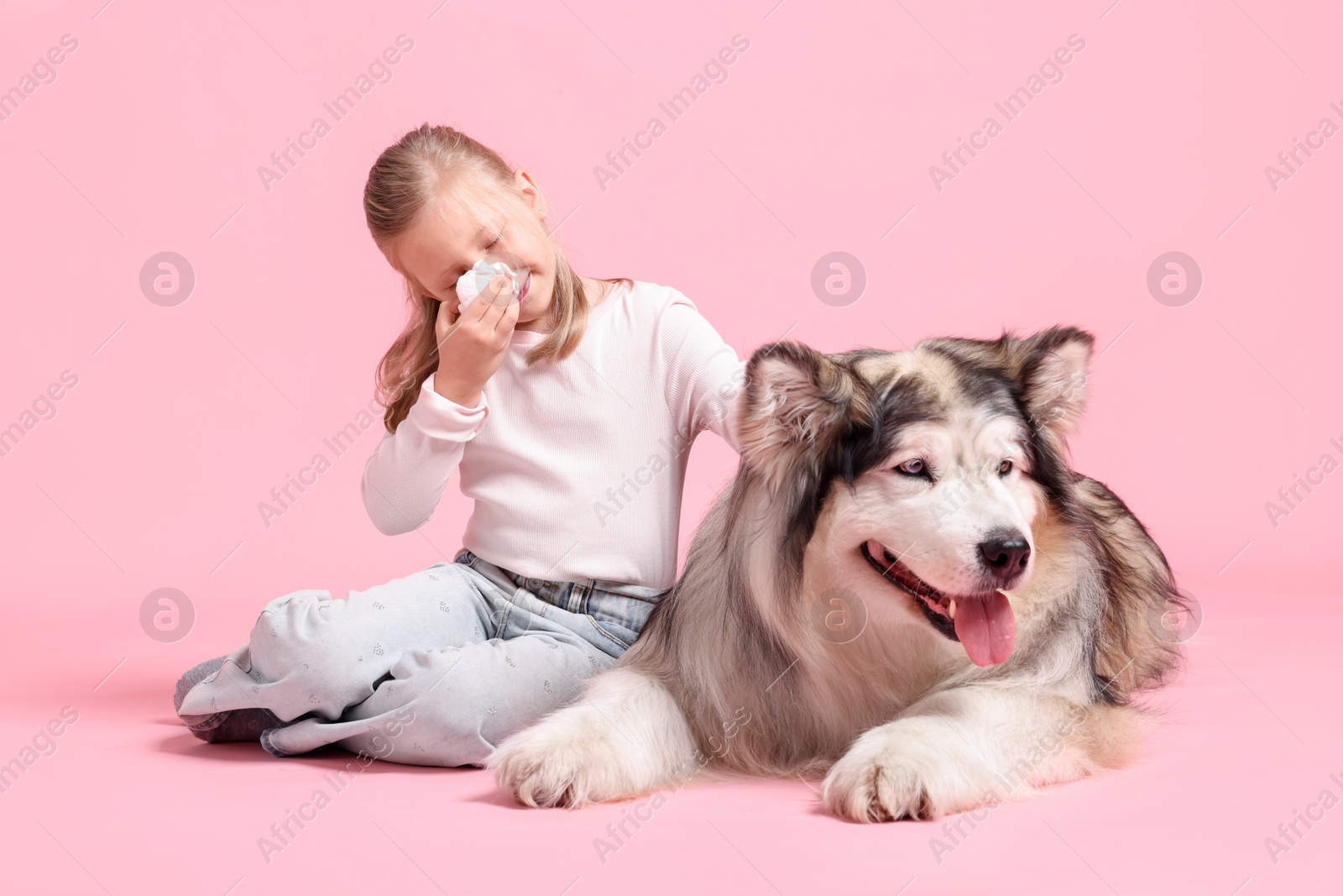Girl suffering from allergy with her dog on pink background Photo of Girl suffering from allergy with her dog on pink background