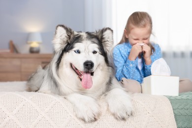 Photo of Girl suffering from allergy with her dog on bed at home