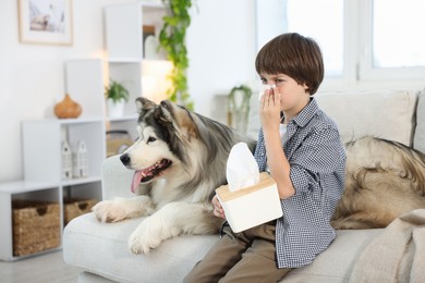Photo of Boy suffering from allergy with her dog on sofa at home