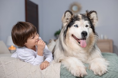 Photo of Happy boy and cute dog on bed at home