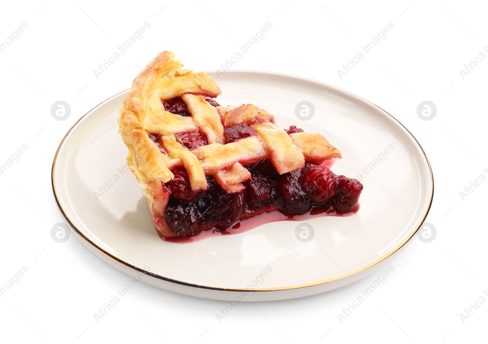 One piece of tasty cherry pie isolated on white Photo of One piece of tasty cherry pie isolated on white