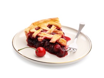 Photo of Piece of tasty cherry pie, berry and fork isolated on white