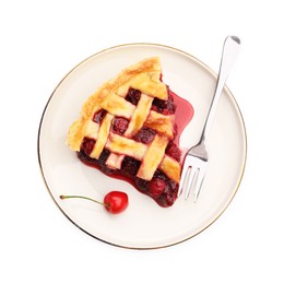 Photo of Piece of tasty cherry pie, berry and fork isolated on white, top view