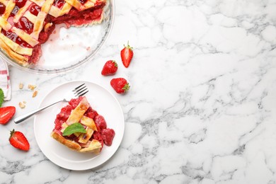 Photo of Tasty strawberry pie and berries on white marble table, flat lay. Space for text