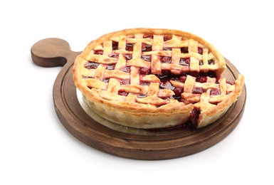 Photo of Tasty cut cherry pie isolated on white