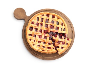 Photo of Tasty cut cherry pie isolated on white, top view