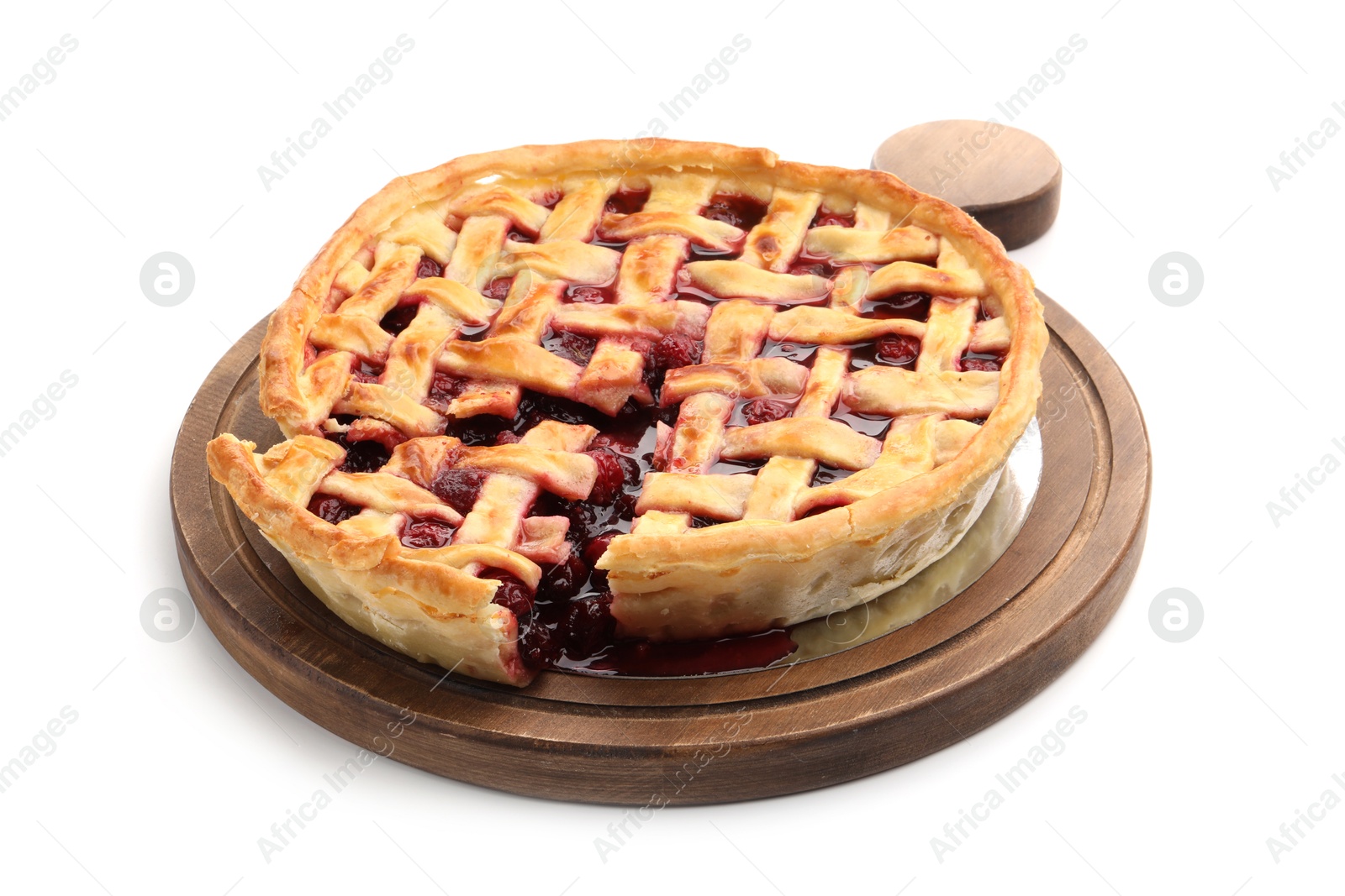 Tasty cut cherry pie isolated on white Photo of Tasty cut cherry pie isolated on white