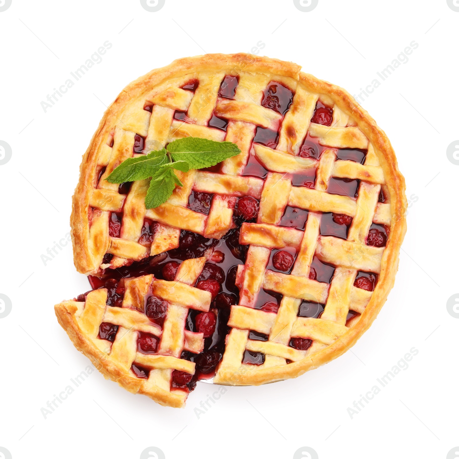 Photo of Tasty cherry pie isolated on white, top view
