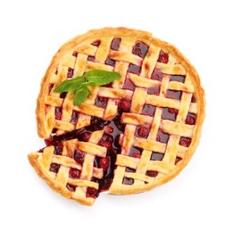 Photo of Tasty cherry pie isolated on white, top view