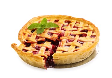 Photo of Tasty cut cherry pie isolated on white