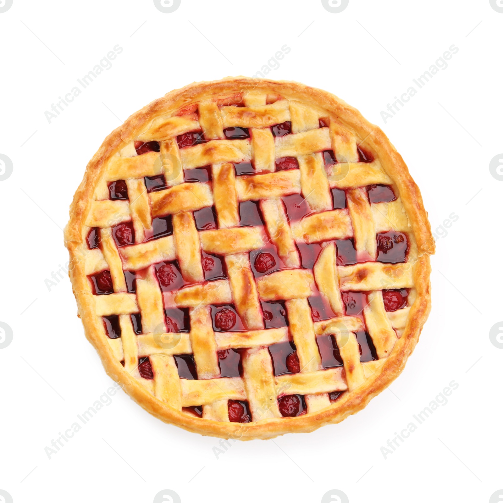 Photo of Tasty cherry pie isolated on white, top view