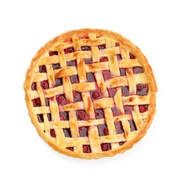 Photo of Tasty cherry pie isolated on white, top view