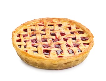 Photo of One tasty cherry pie isolated on white