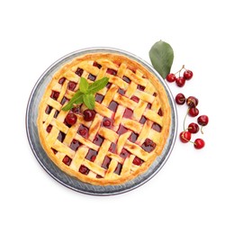 Photo of Tasty cherry pie, leaves and berries isolated on white, top view