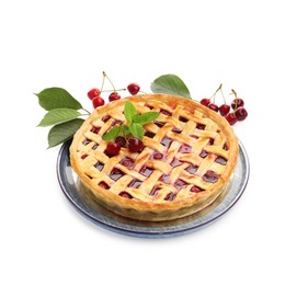 Photo of Tasty cherry pie, leaves and berries isolated on white