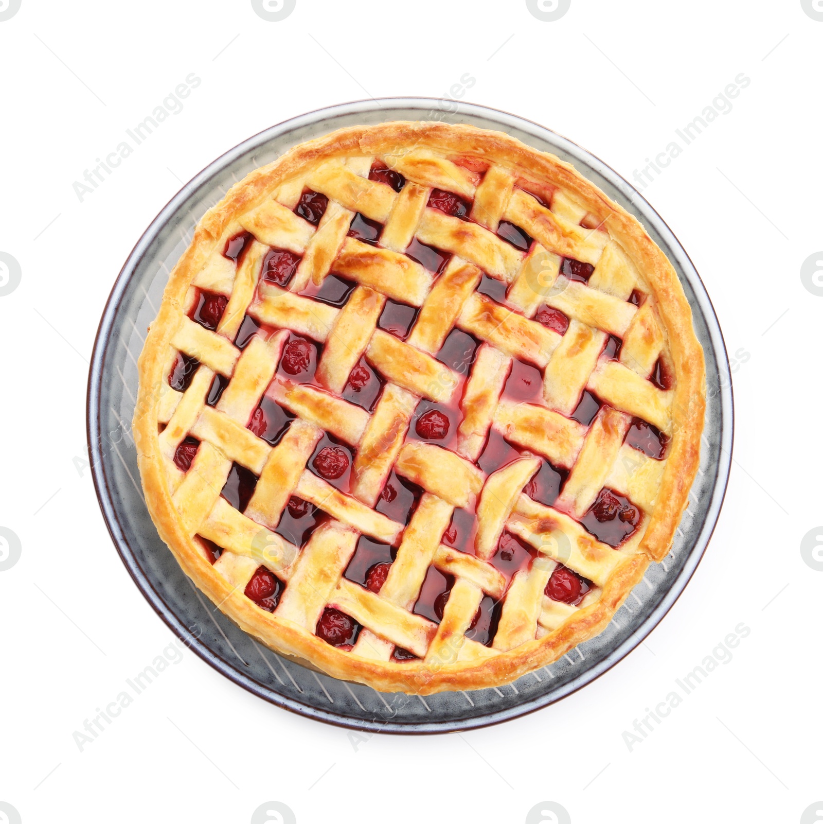 Photo of Tasty cherry pie isolated on white, top view