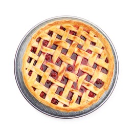 Photo of Tasty cherry pie isolated on white, top view