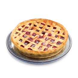 Photo of One tasty cherry pie isolated on white