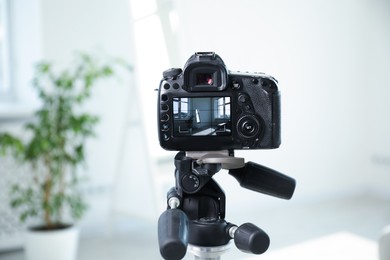 Photo of Shooting houseplant and mirror with professional photo camera in studio, selective focus