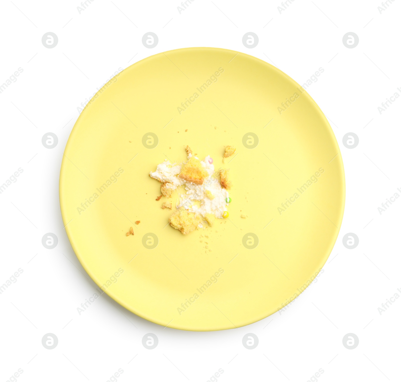Dirty plate with crumbs and cream isolated on white, top view Photo of Dirty plate with crumbs and cream isolated on white, top view