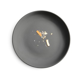 Photo of Dirty plate with bread crumbs isolated on white, top view