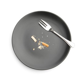 Photo of Dirty plate with bread crumbs and fork isolated on white, top view