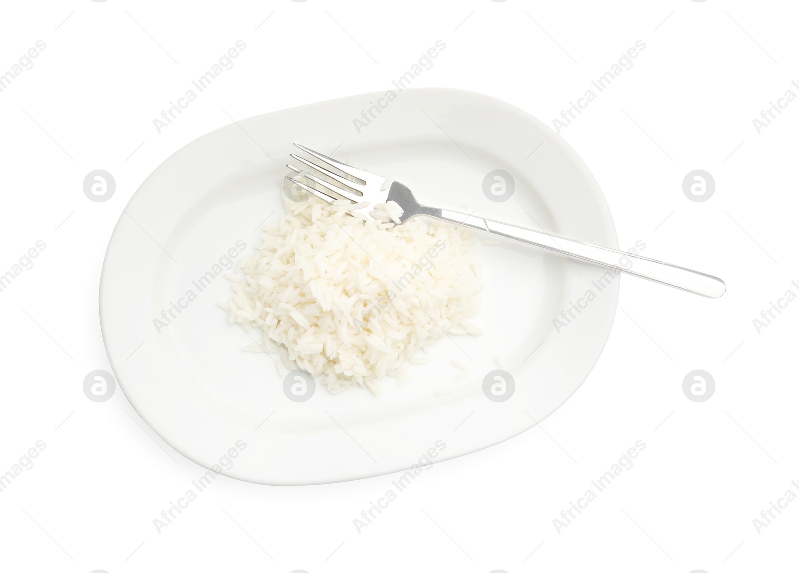 Plate with cooked rice and fork isolated on white, top view Photo of Plate with cooked rice and fork isolated on white, top view