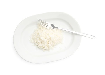 Photo of Plate with cooked rice and fork isolated on white, top view