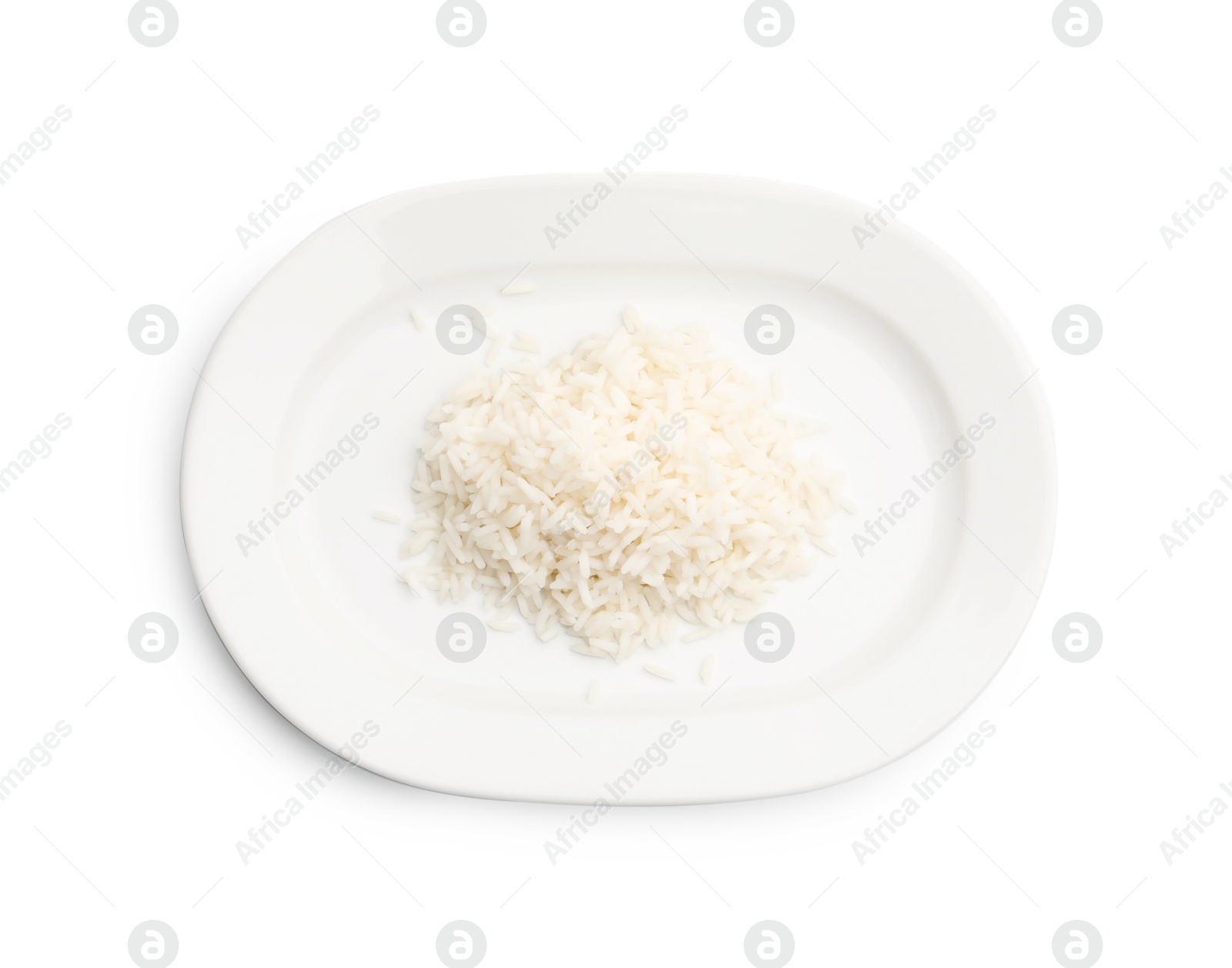 Plate with cooked rice isolated on white, top view Photo of Plate with cooked rice isolated on white, top view