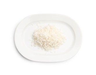 Photo of Plate with cooked rice isolated on white, top view