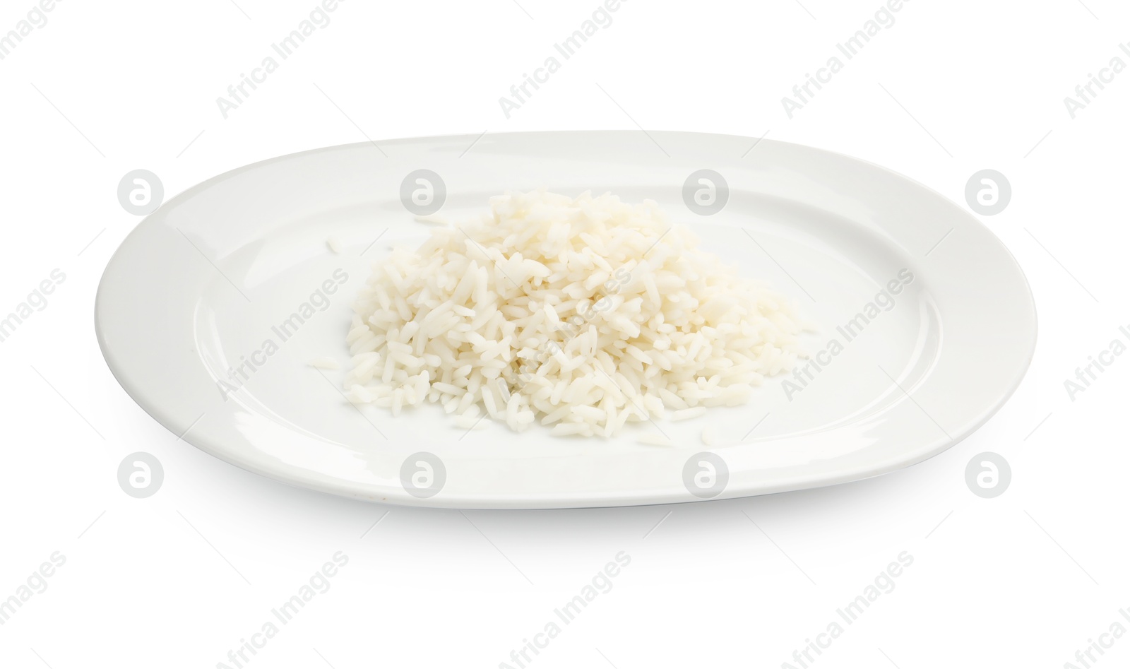 Plate with cooked rice isolated on white Photo of Plate with cooked rice isolated on white