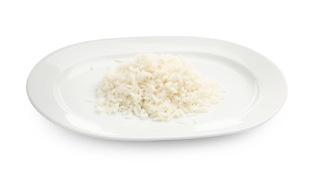 Photo of Plate with cooked rice isolated on white