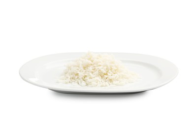 Photo of Plate with cooked rice isolated on white